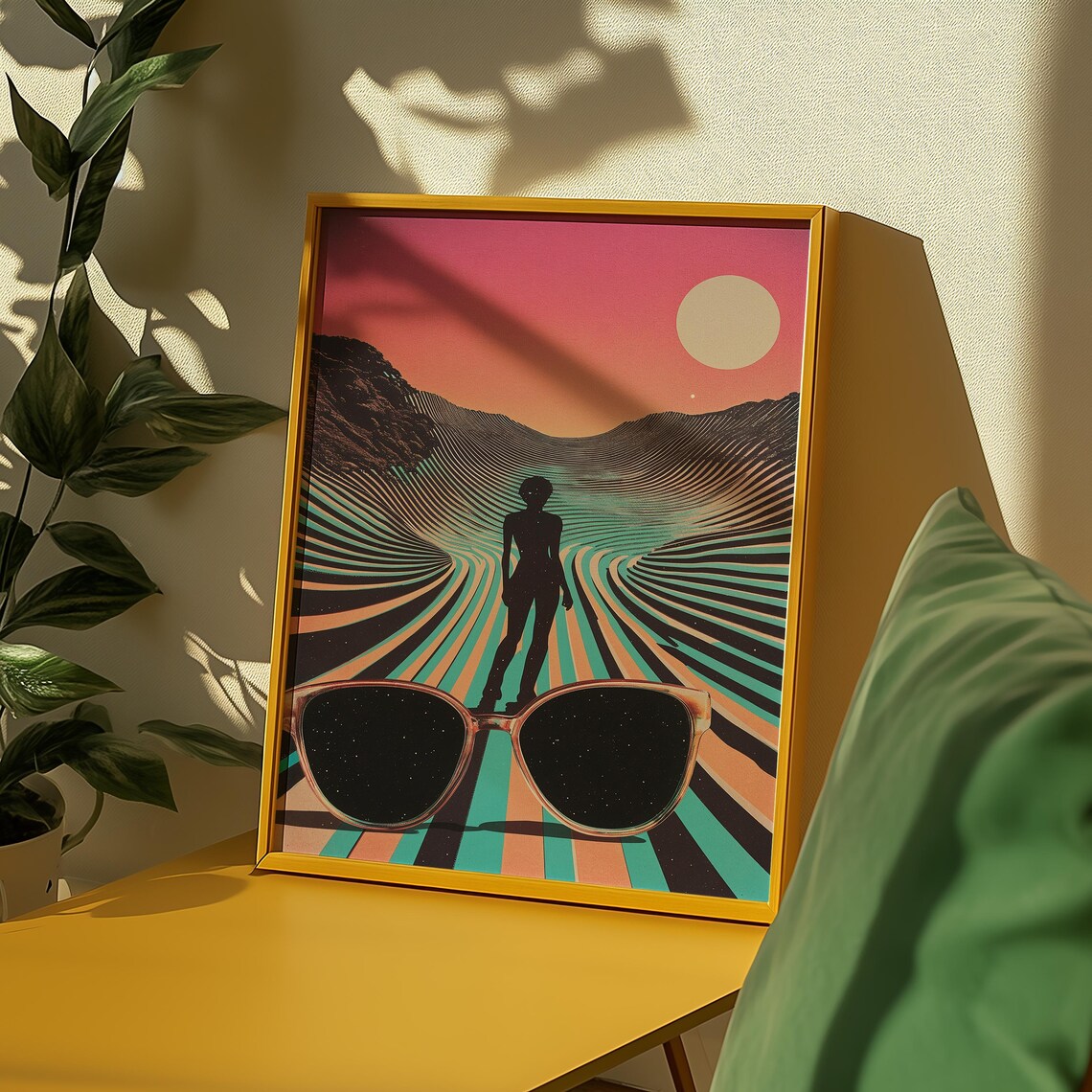 Retro Desert Mirage Sunglasses Silhouette Striped Sunset Road Poster - Image 3