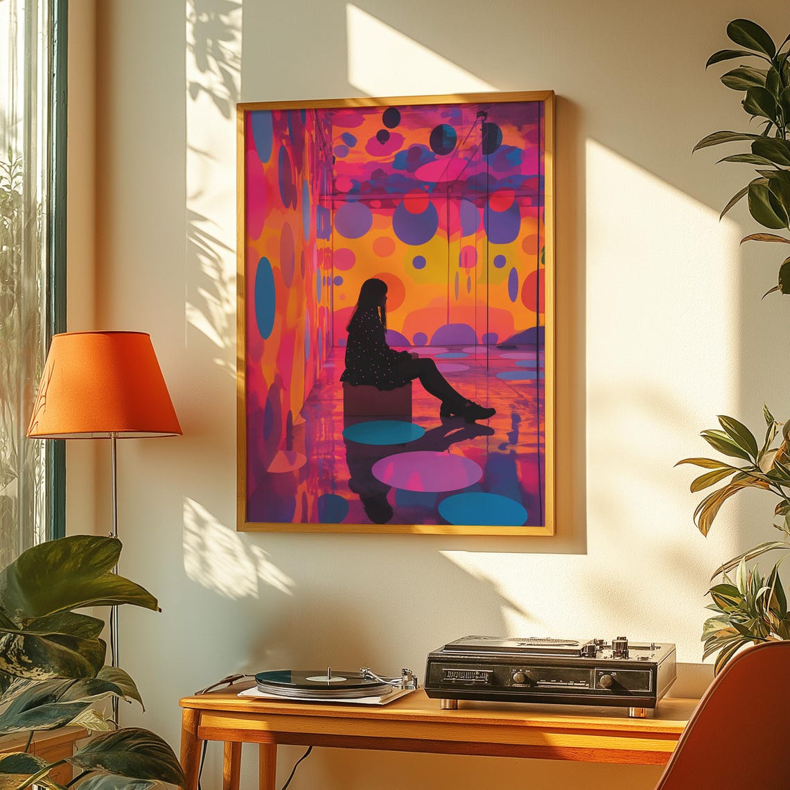 Neon Polka Dot Infinity Room Art Poster Woman Silhouette Mirror - Image 2