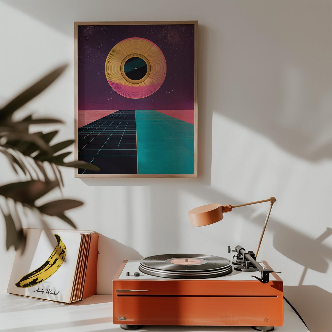 Synthwave Vinyl Record Sunset Neon Grid Retro Music Landscape Poster - Image 3