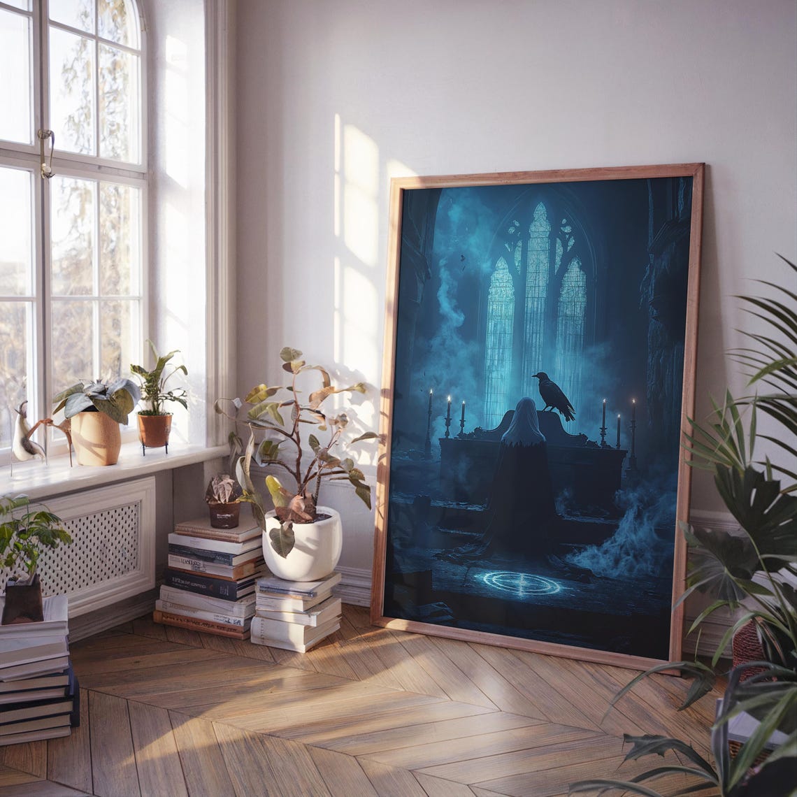 Gothic Cathedral Raven Hooded Figure Ritual Dark Blue Poster - Image 5