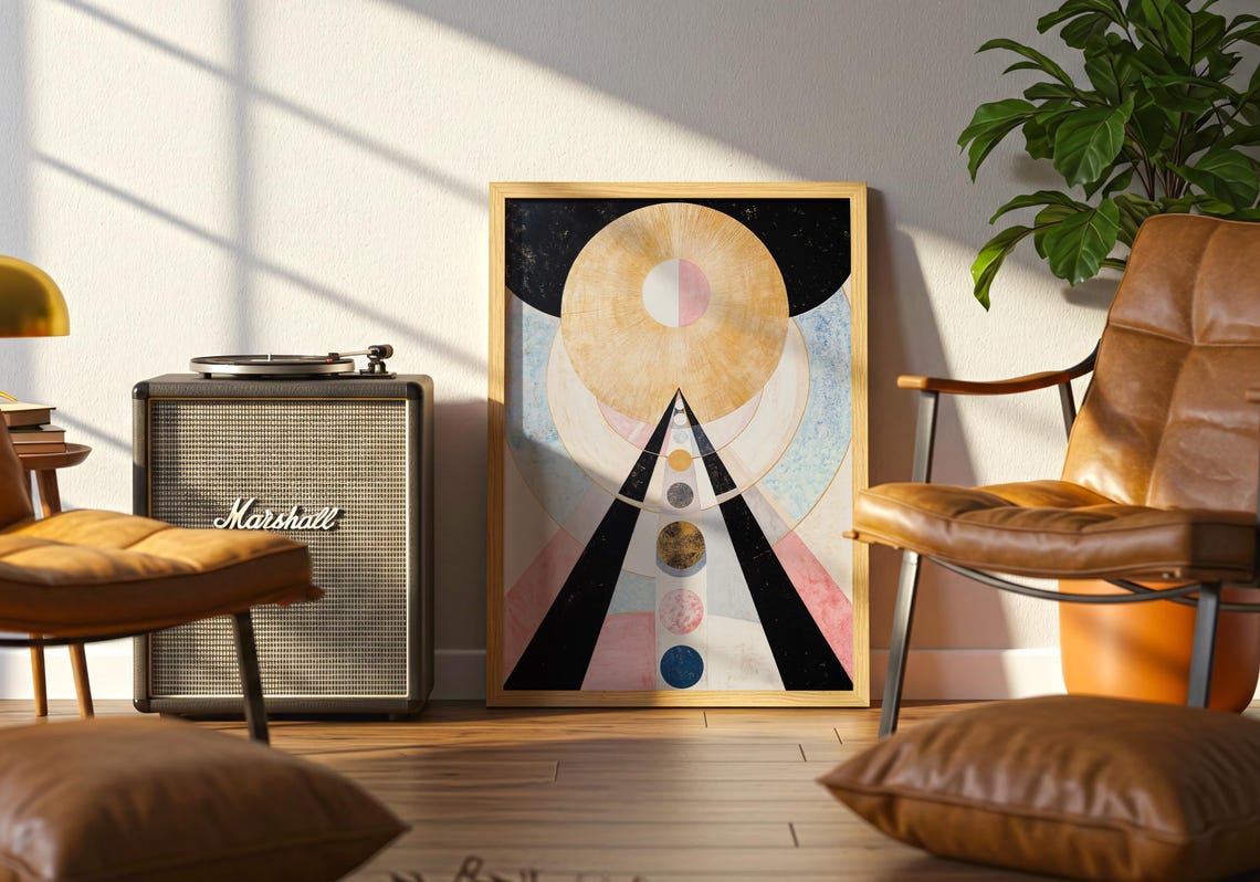 Celestial Sun Disc over Black Pyramid with Moon Phases Art Poster - Image 5
