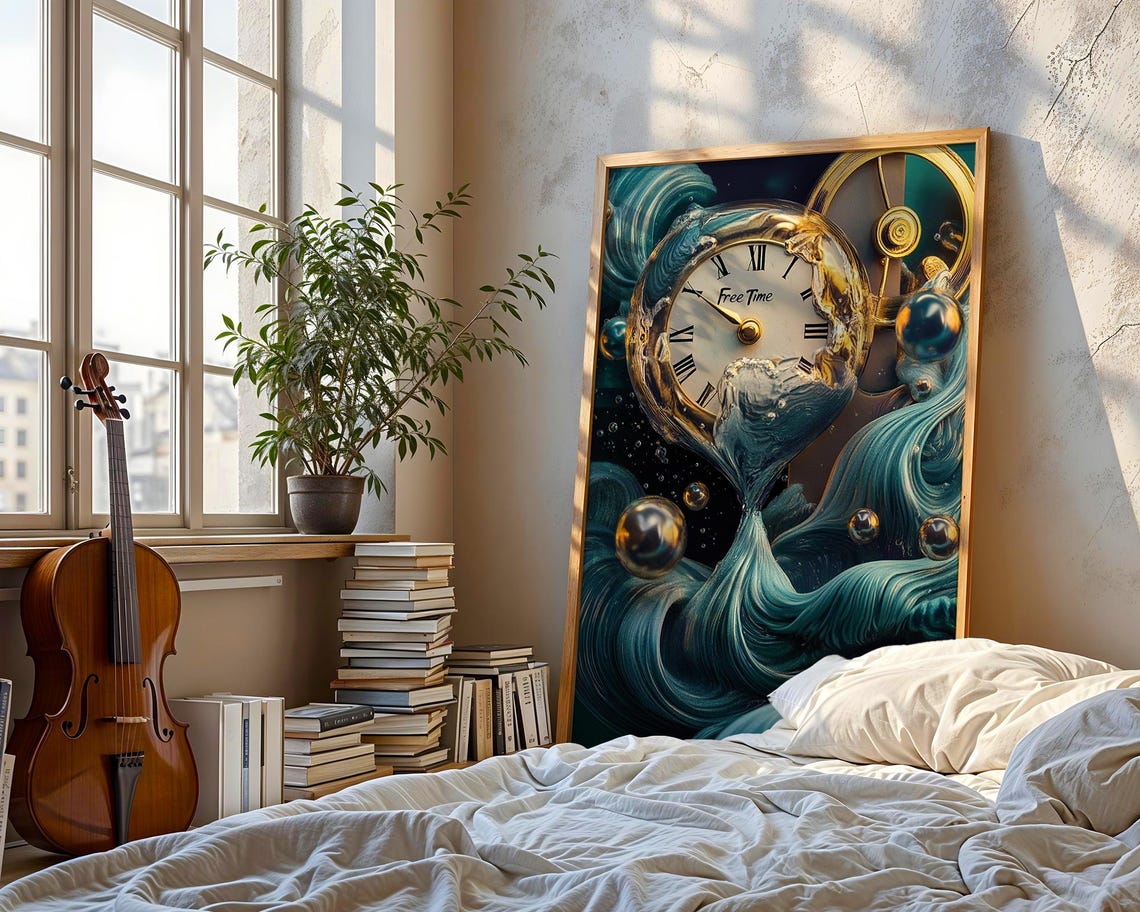 Surreal Melting Clock with Free Time Dial in Teal and Gold Poster - Image 3