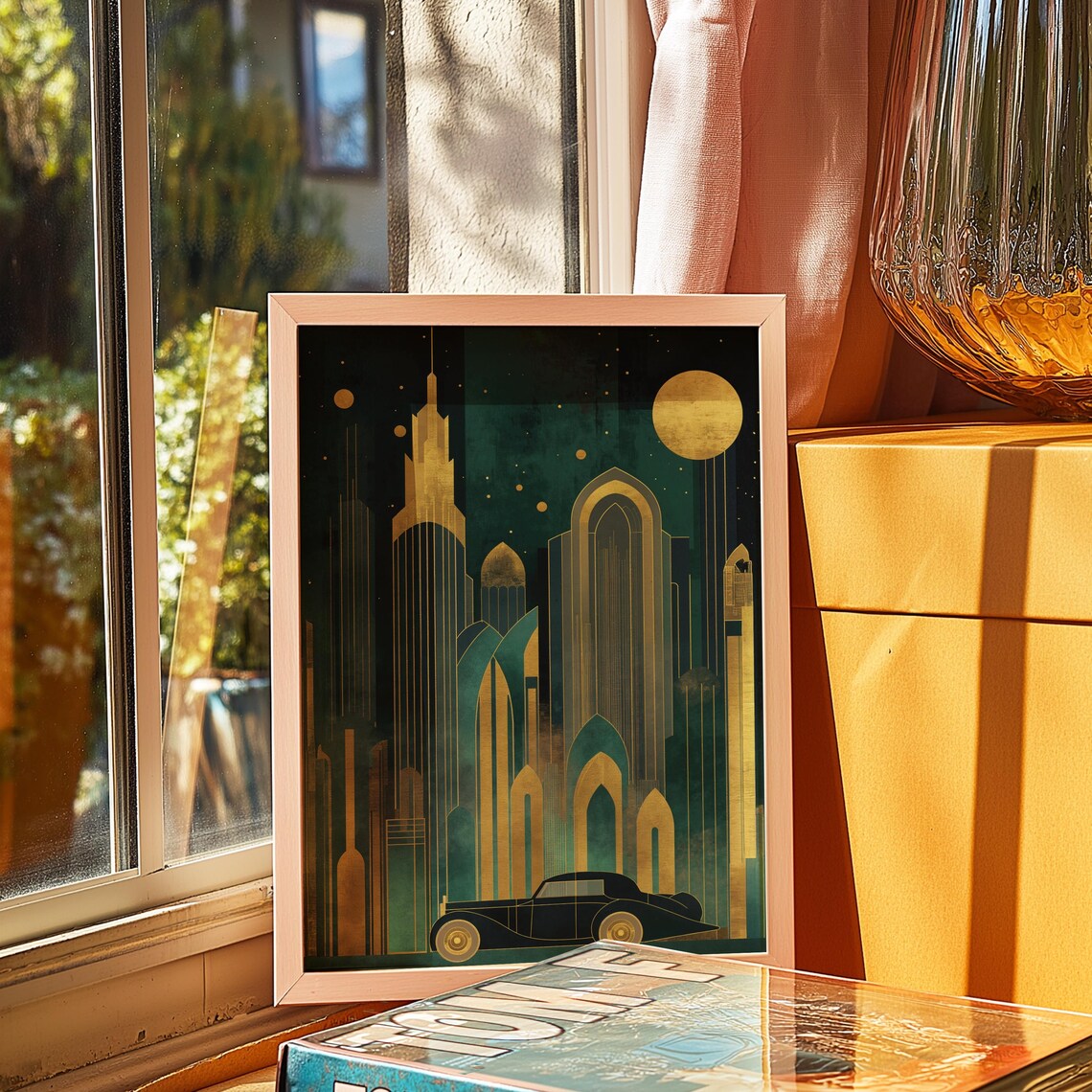 Art Deco Gold Skyscrapers Night Vintage Car Geometric Skyline Glamour Wall Art - Image 3