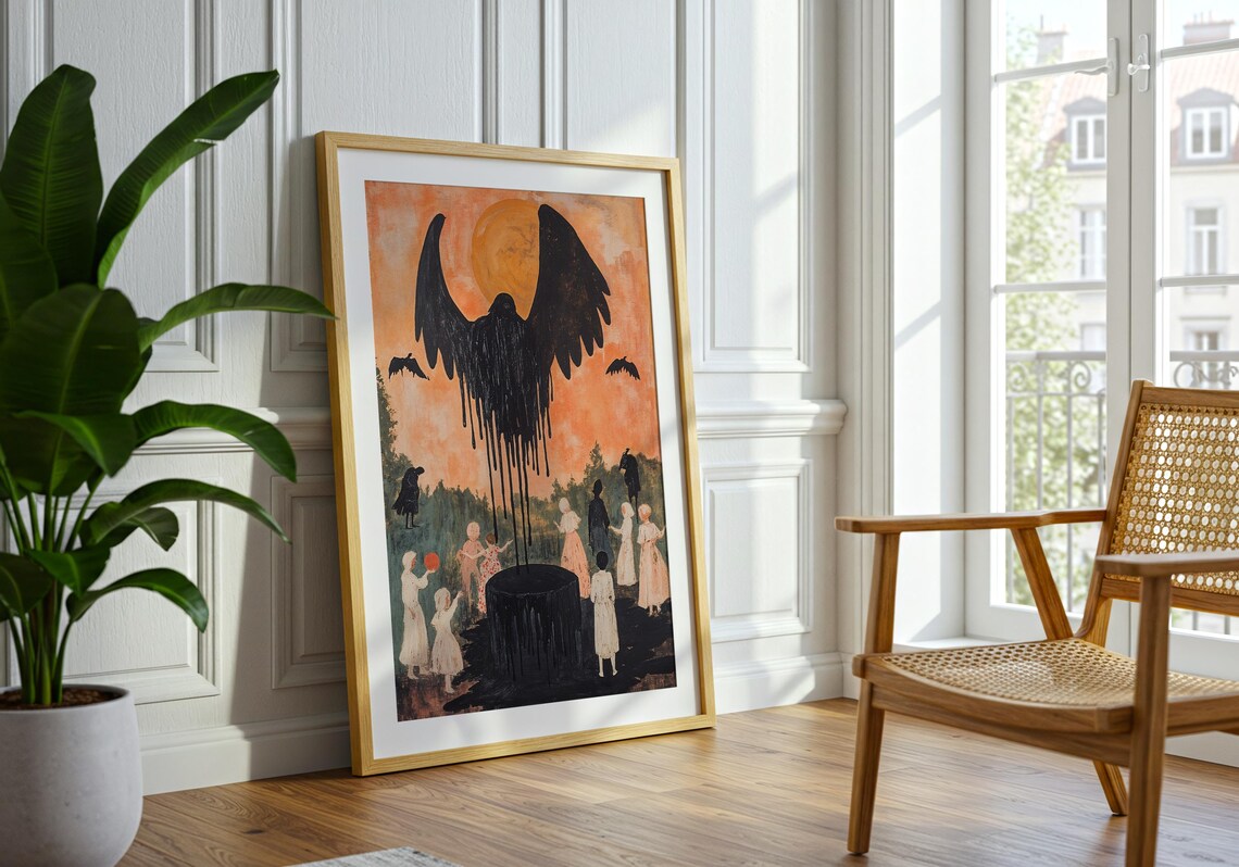Gothic Folk Midnight Ritual Children Black Winged Spirit Orange Moon Wall Art - Image 2