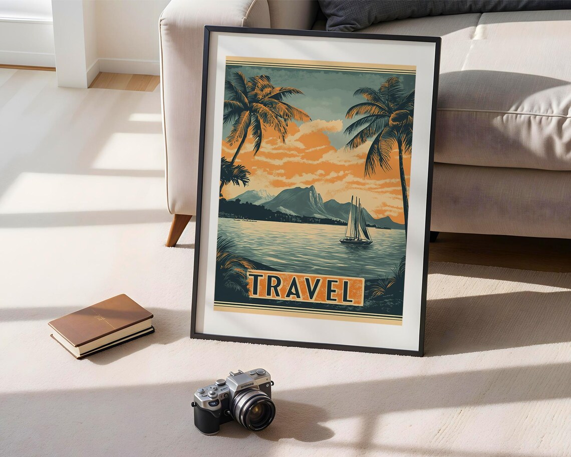 Vintage Travel Tropical Paradise Sunset Sailboat Coastal Art Poster - Image 2