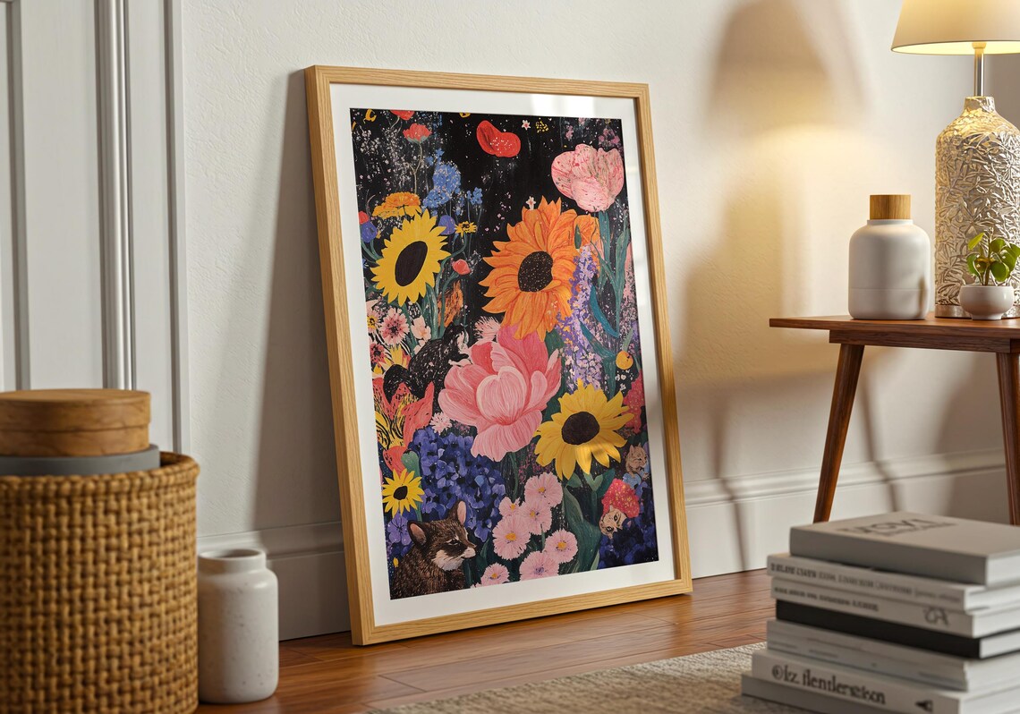 Vibrant Flower Garden Colorful Floral Cat Surreal Night Art Print - Image 2