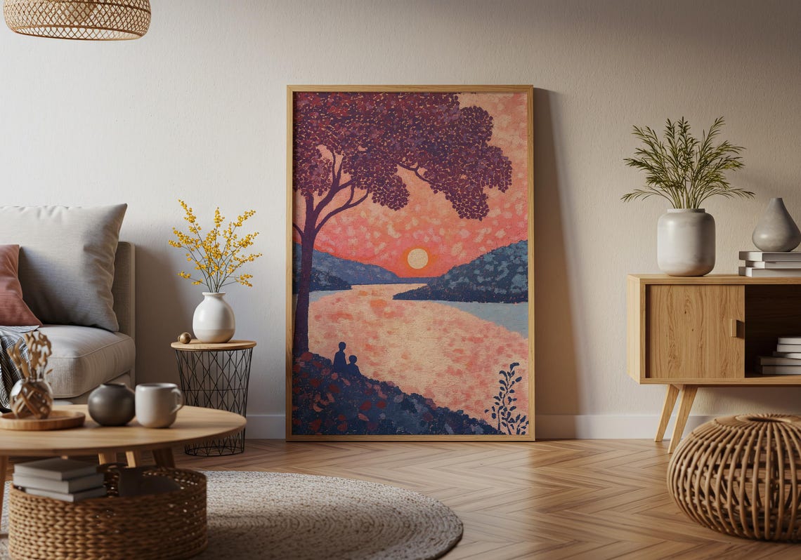 Romantic Sunset River Valley Art Print Couple Under Tree Dotted - Image 3