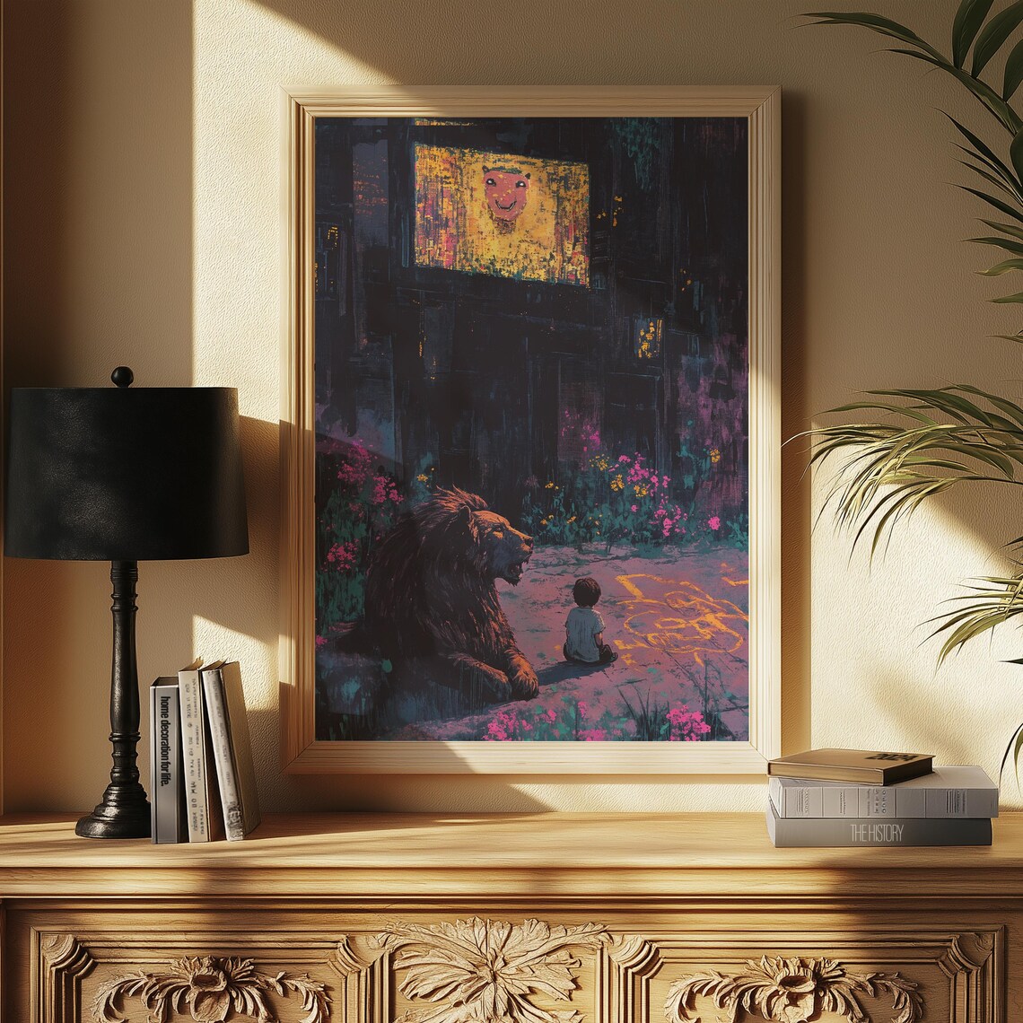 Gentle Lion and Little Child on a Neon Night City Street Poster