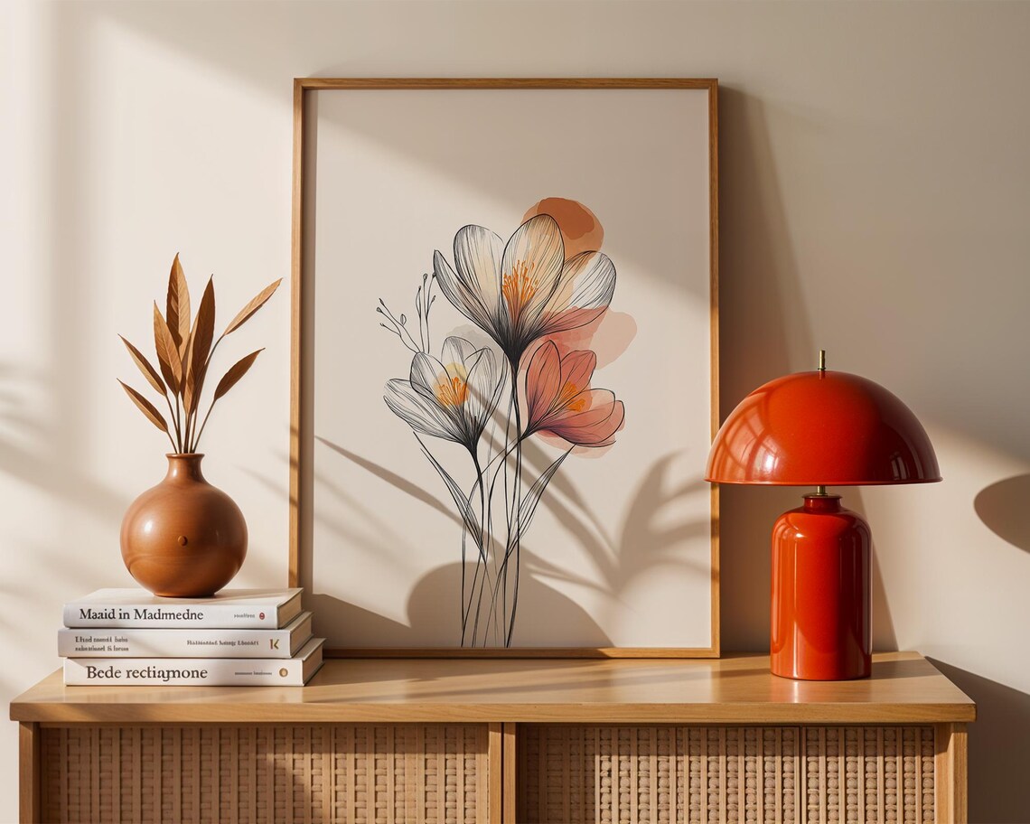 Minimalist Floral Line Art with Soft Watercolor Bloom Wash Poster