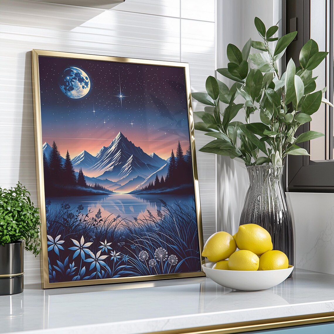 Celestial Mountain Art Print Starry Night Landscape Dreamy Nature Reflection - Image 4