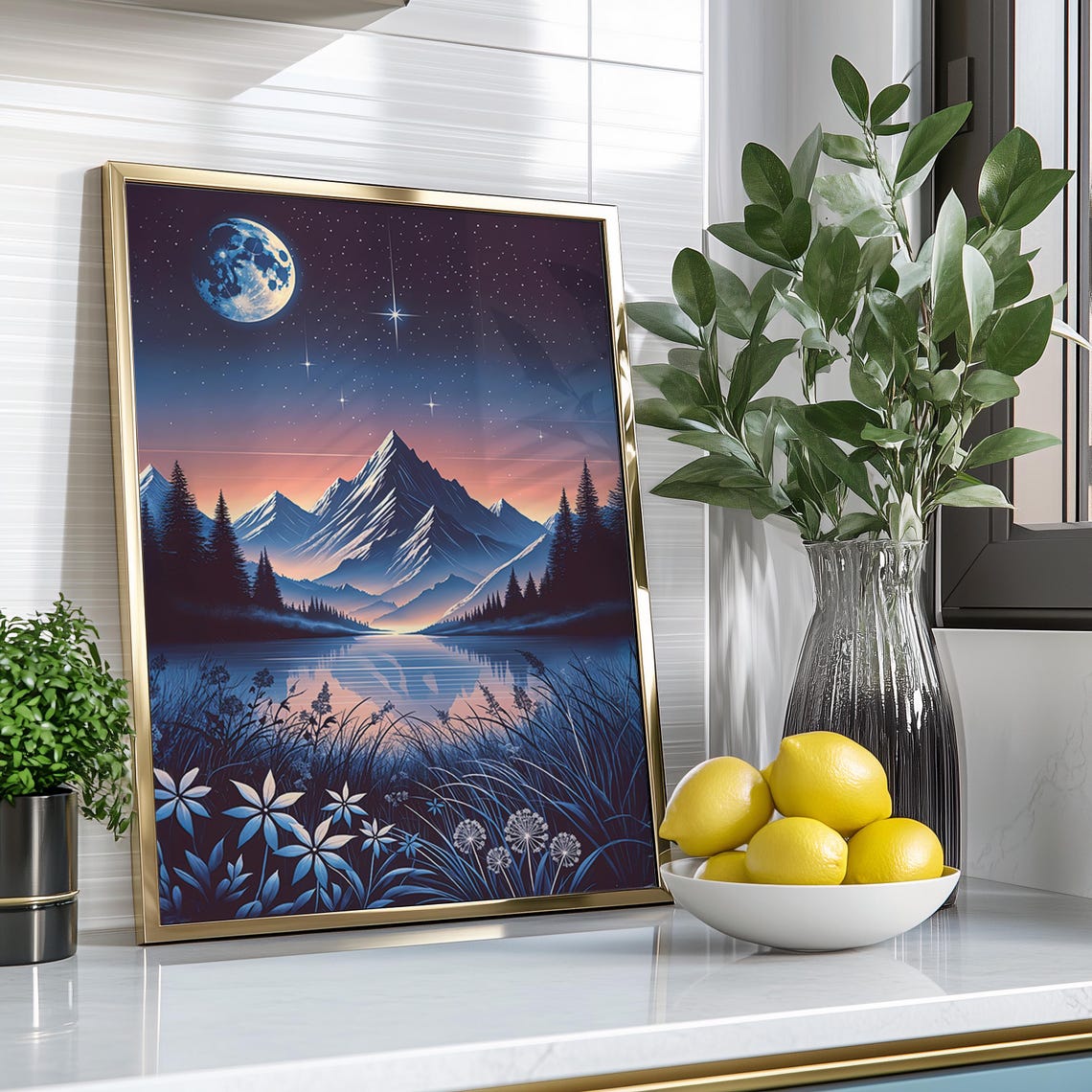 Moonlit Mountain Lake Night Sky Wildflower Dreamy Landscape Poster - Image 4