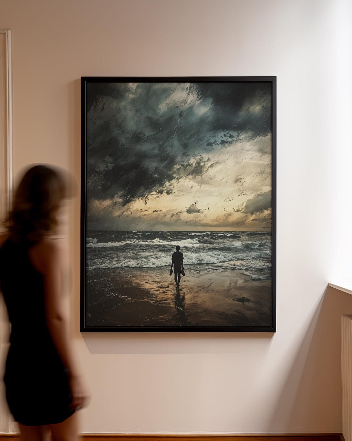Stormy Beach Walk Lone Figure Moody Ocean Sunset Dramatic Art Poster - Image 3
