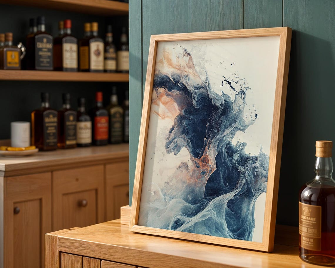 Ethereal Ocean Wave Abstract Fluid Art Navy Blue Coastal Wall Poster - Image 3