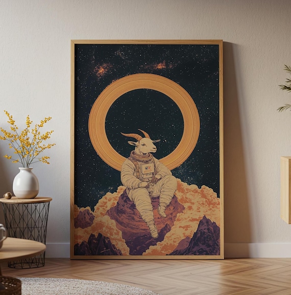 Surreal Goat Astronaut on Cosmic Mountain Golden Halo Vintage Space Wall Art
