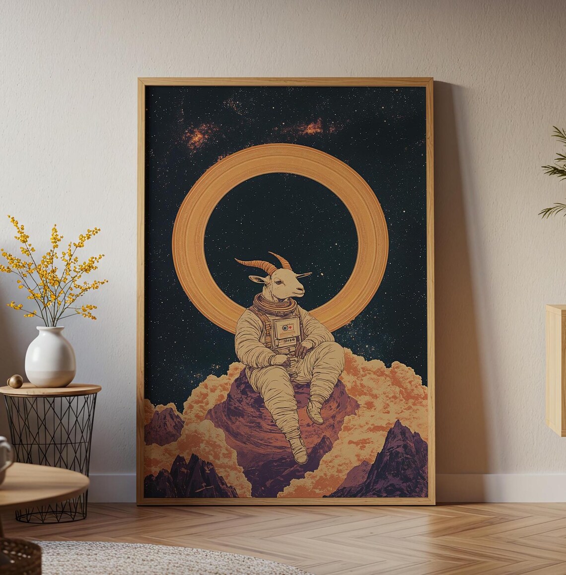 Surreal Goat Astronaut on Cosmic Mountain Golden Halo Vintage Space Wall Art