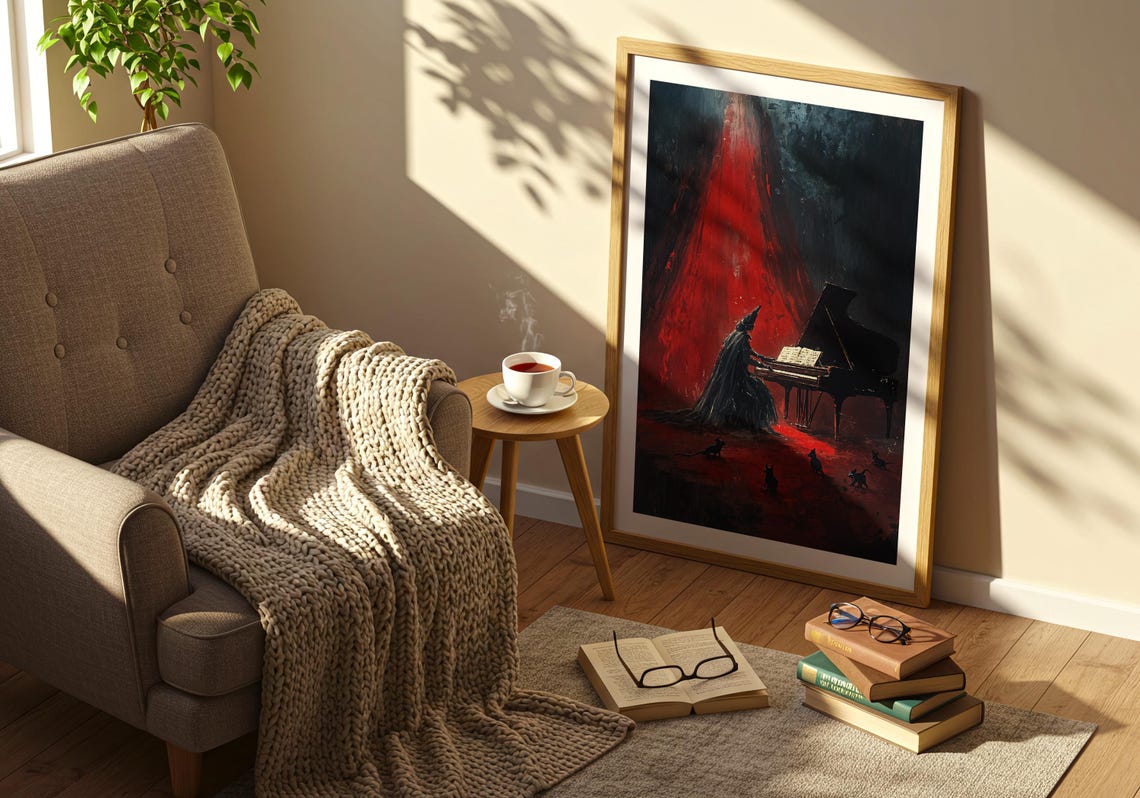 Gothic Pianist Cats Red Stage Dark Surreal Witchy Wall Poster - Image 5