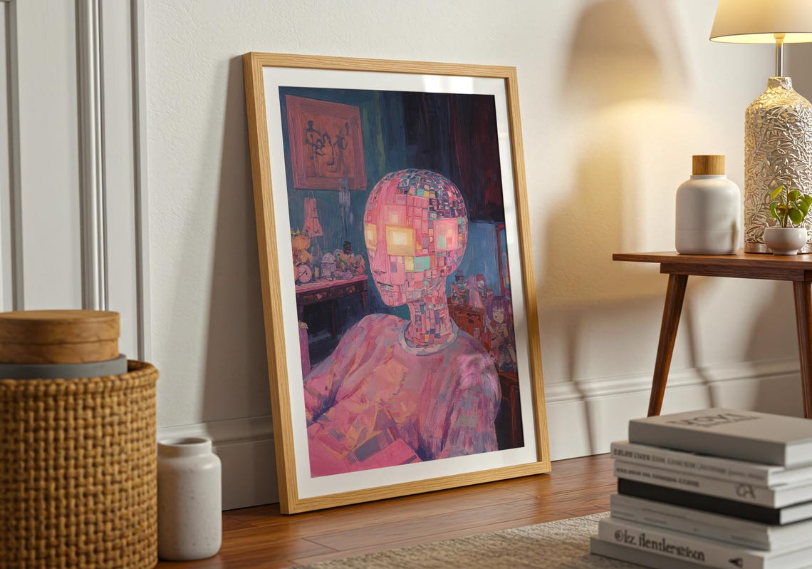 Pixel Mosaic Portrait Glowing Cubes Neon Cyber Dream Person Poster - Image 2