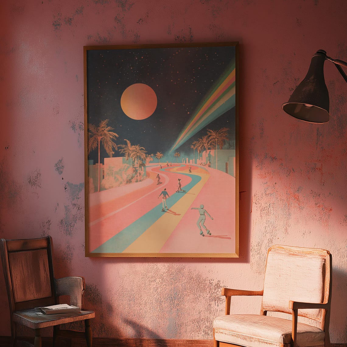 Retro Roller Skaters Pastel Sunset Dreamscape Skateboard Art Poster - Image 4