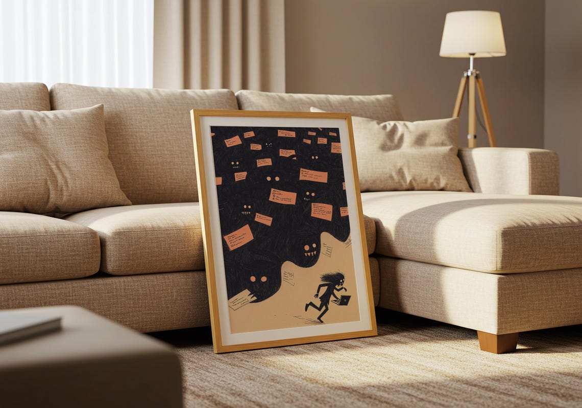 Overwhelmed Work Anxiety Monster Swarm Funny Laptop Runner Art Poster - Image 5