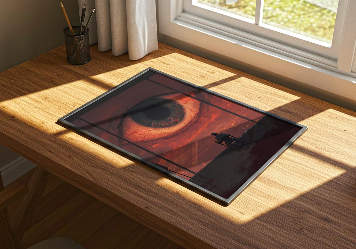 Giant Cosmic Eye Watching Tiny Figure Dark Red Surreal Gaze Poster - Image 3
