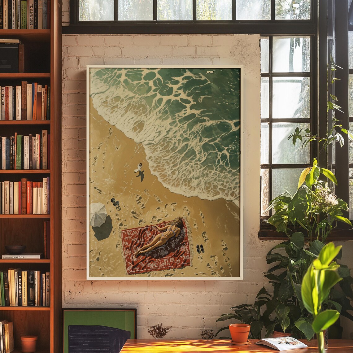 Aerial Beach Sunbather Red Blanket Turquoise Waves Golden Sand Coastal Wall Art - Image 5