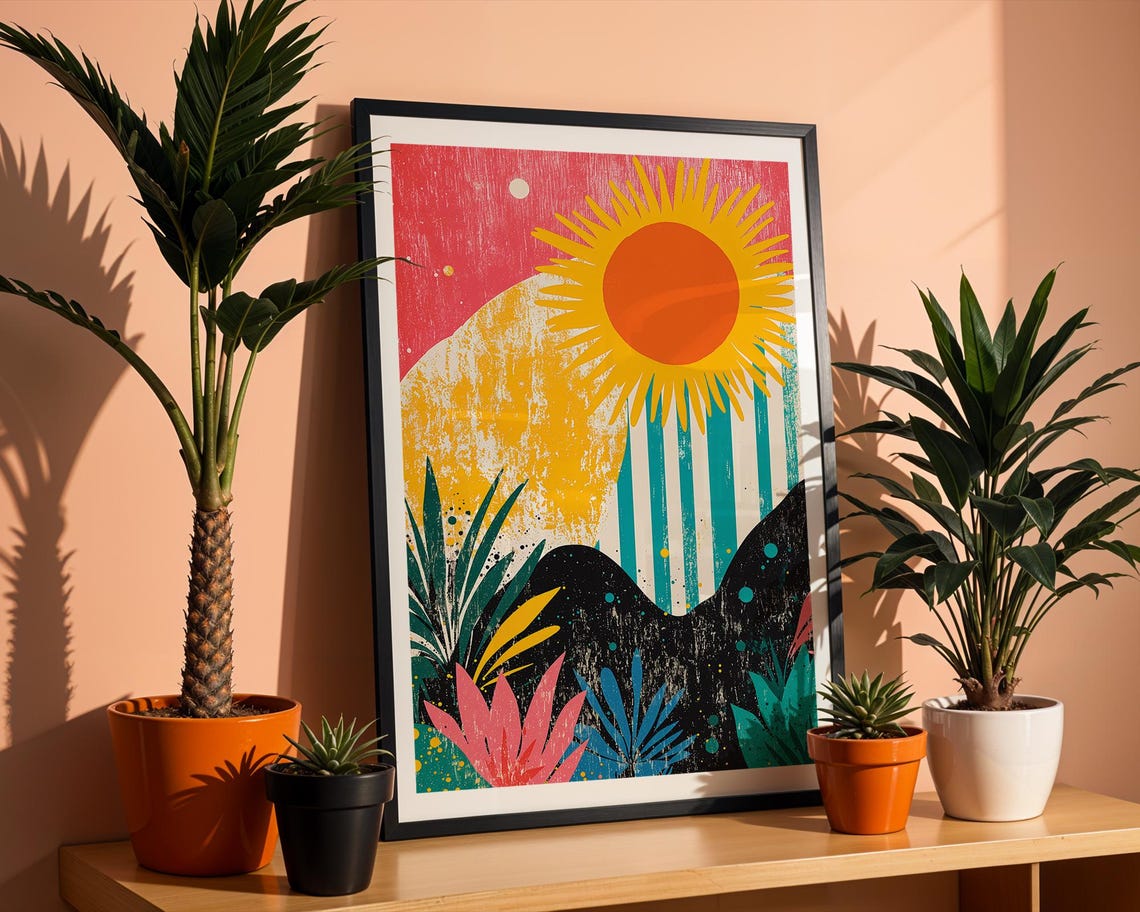 Retro Tropical Sunset Pop Art Print Bold Sun Palm Leaf Colorful
