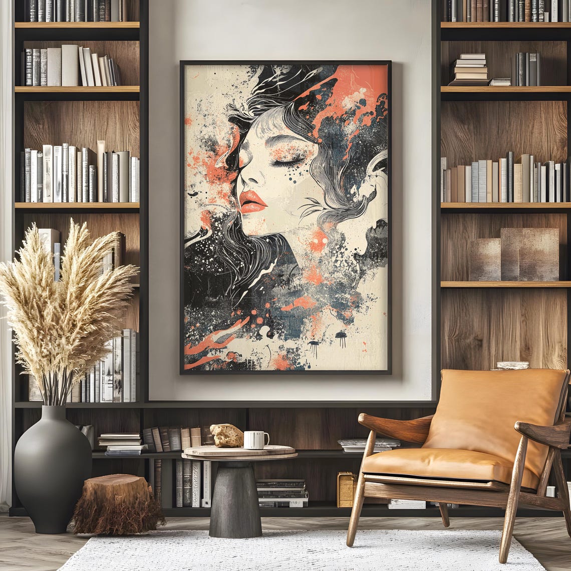 Dreamy Expressive Woman Portrait Coral Ink Splash Art Wall Poster - Image 4
