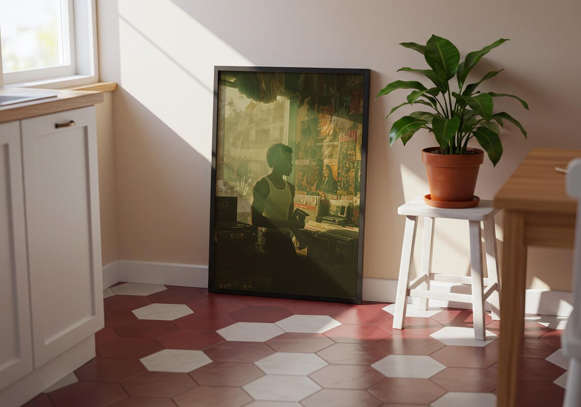 Man Digging Vinyl in Sunlit Record Store Retro Music Shop Cinematic Wall Art - Image 3