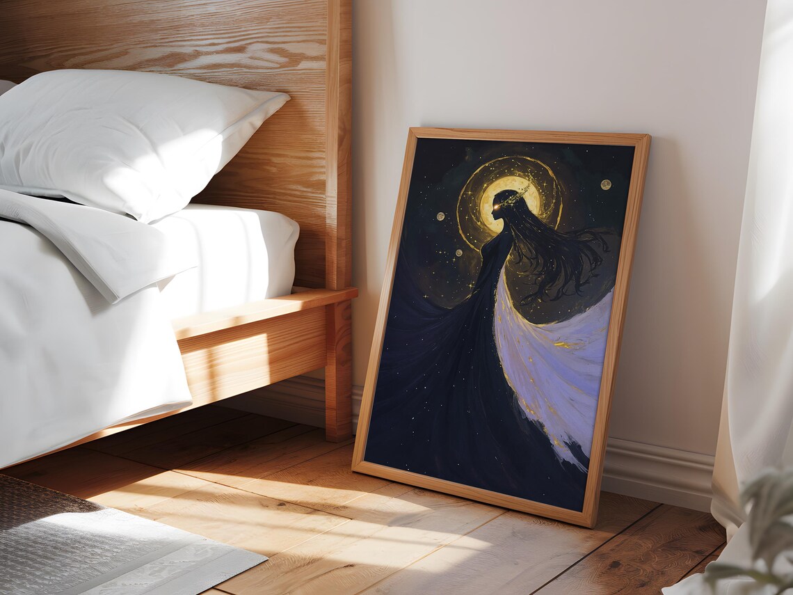 Celestial Golden Moon Halo Woman Starry Night Fantasy Art Poster - Image 3