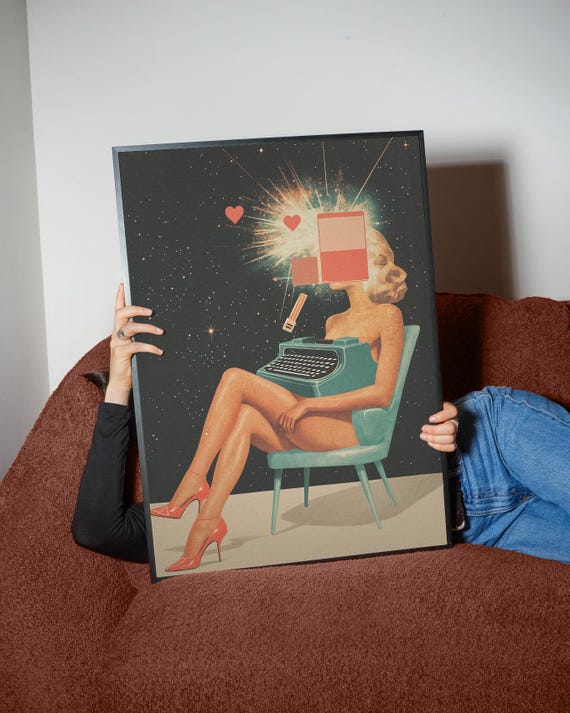 Typewriter Woman Art Print Retro Space Pop Collage Poster