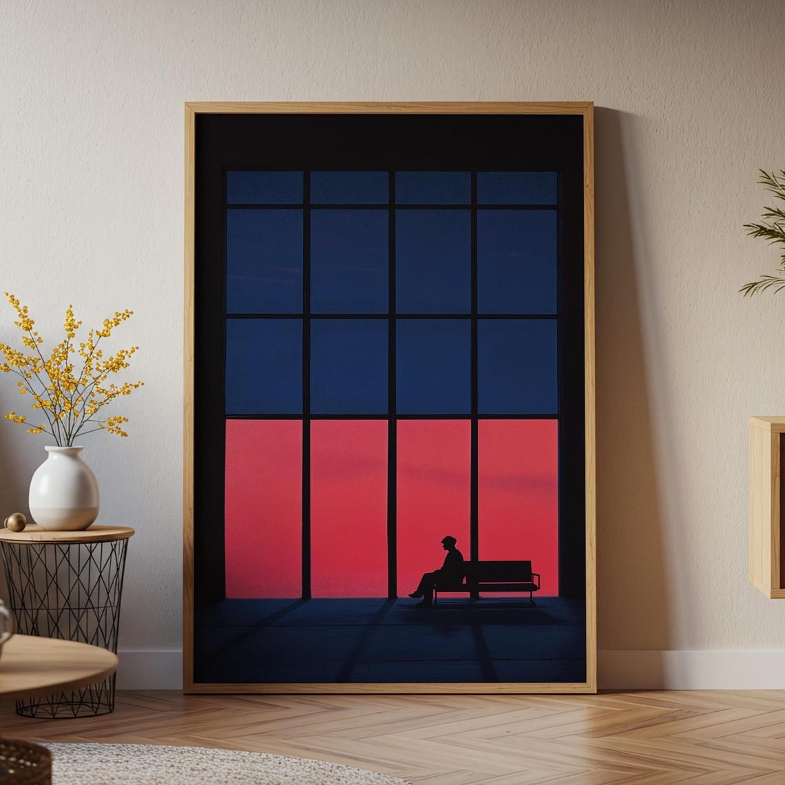 Silhouette Bench Sunset Giant Windows Blue Red Contrast Calm Poster