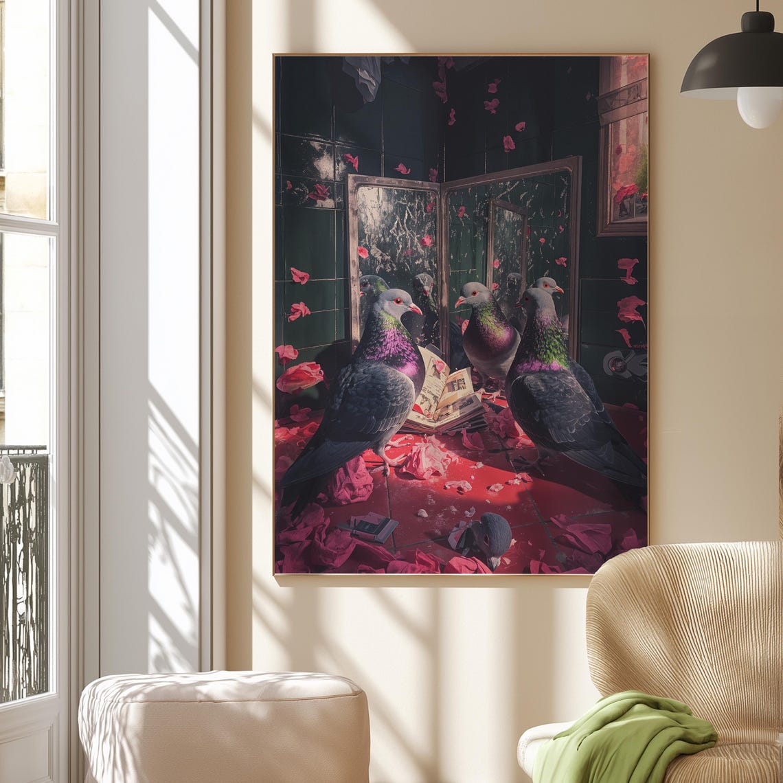 Surreal Pigeons Mirrors Pink Petals Whimsical Bird Fantasy Poster - Image 4