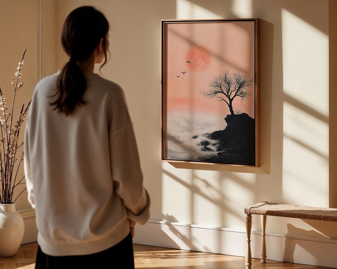 Lone Bare Tree Pink Moon Birds Dreamy Night Landscape Wall Poster - Image 5