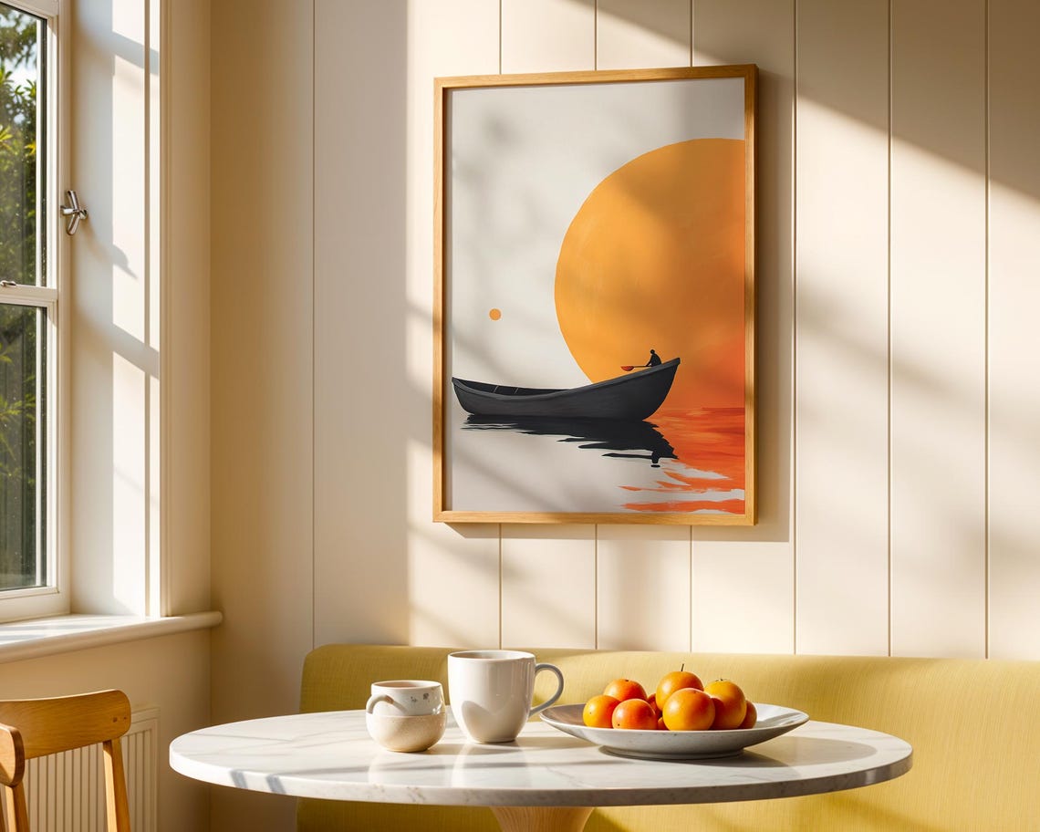 Lone Boat Giant Orange Sun Minimalist Sunset Lake Wall Poster - Image 5