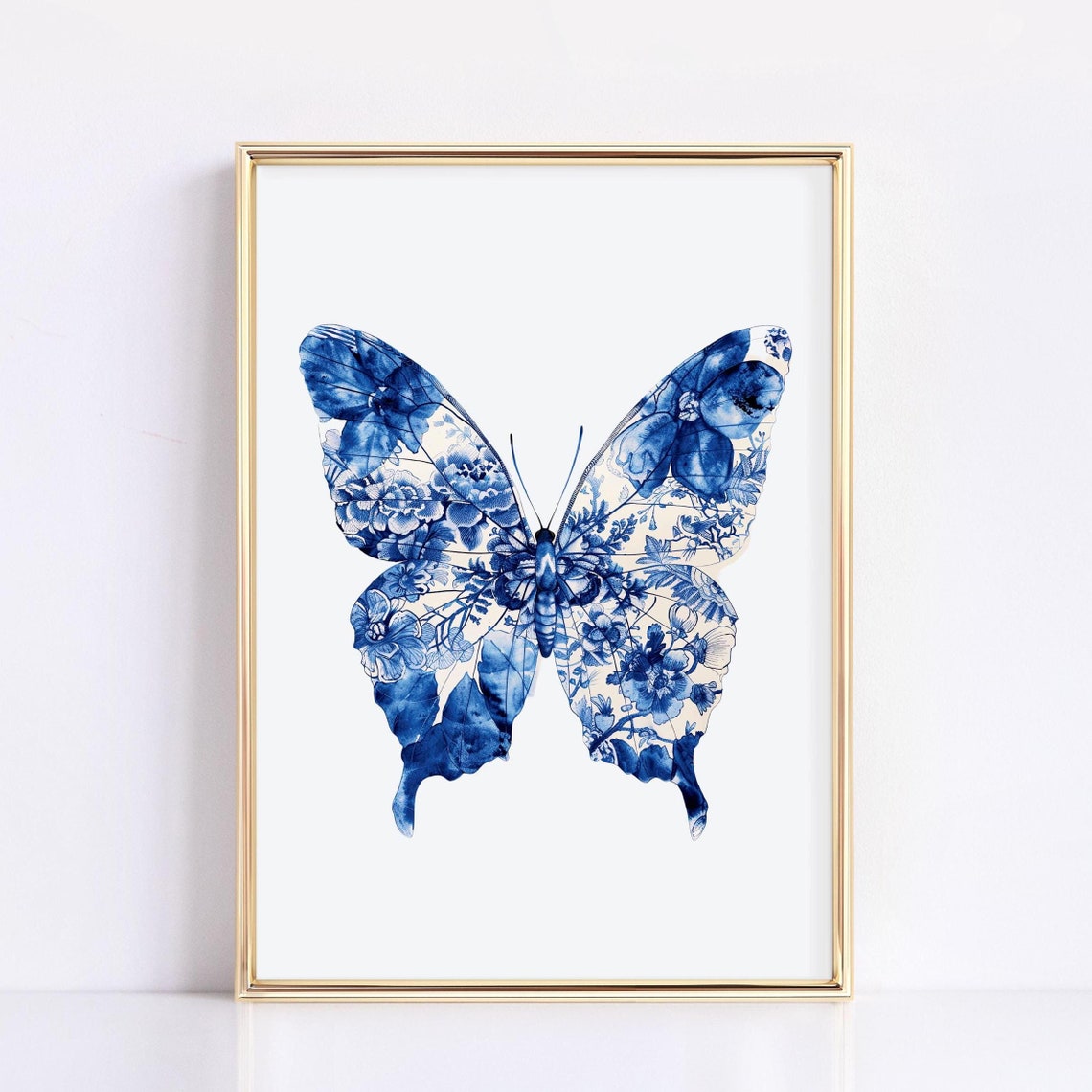 Blue Chinoiserie Floral Butterfly Watercolor Minimalist Poster