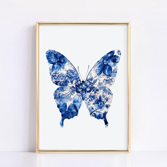Blue Chinoiserie Butterfly Print Vintage Wall Art Boho Blue And White Wall Decor Aesthetic Apartment Decor Blue Floral Poster Cottagecore