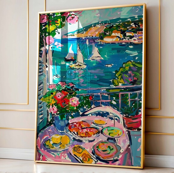 Coastal Terrace Sailboats Colorful Mediterranean Bay Art Poster