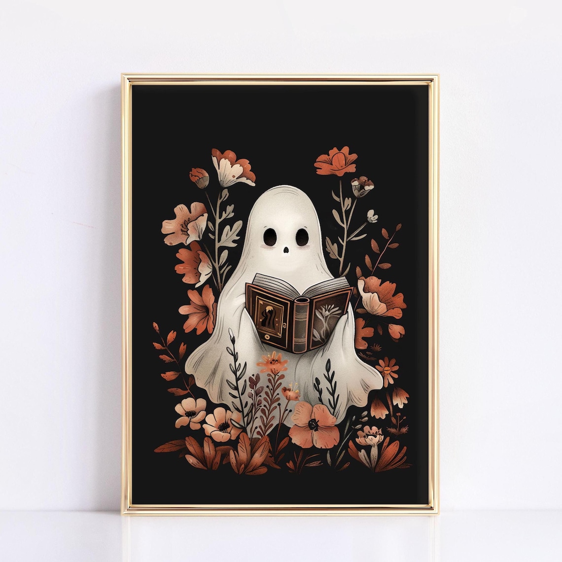Ghost Reading Book Halloween Botanical Wall Art Print