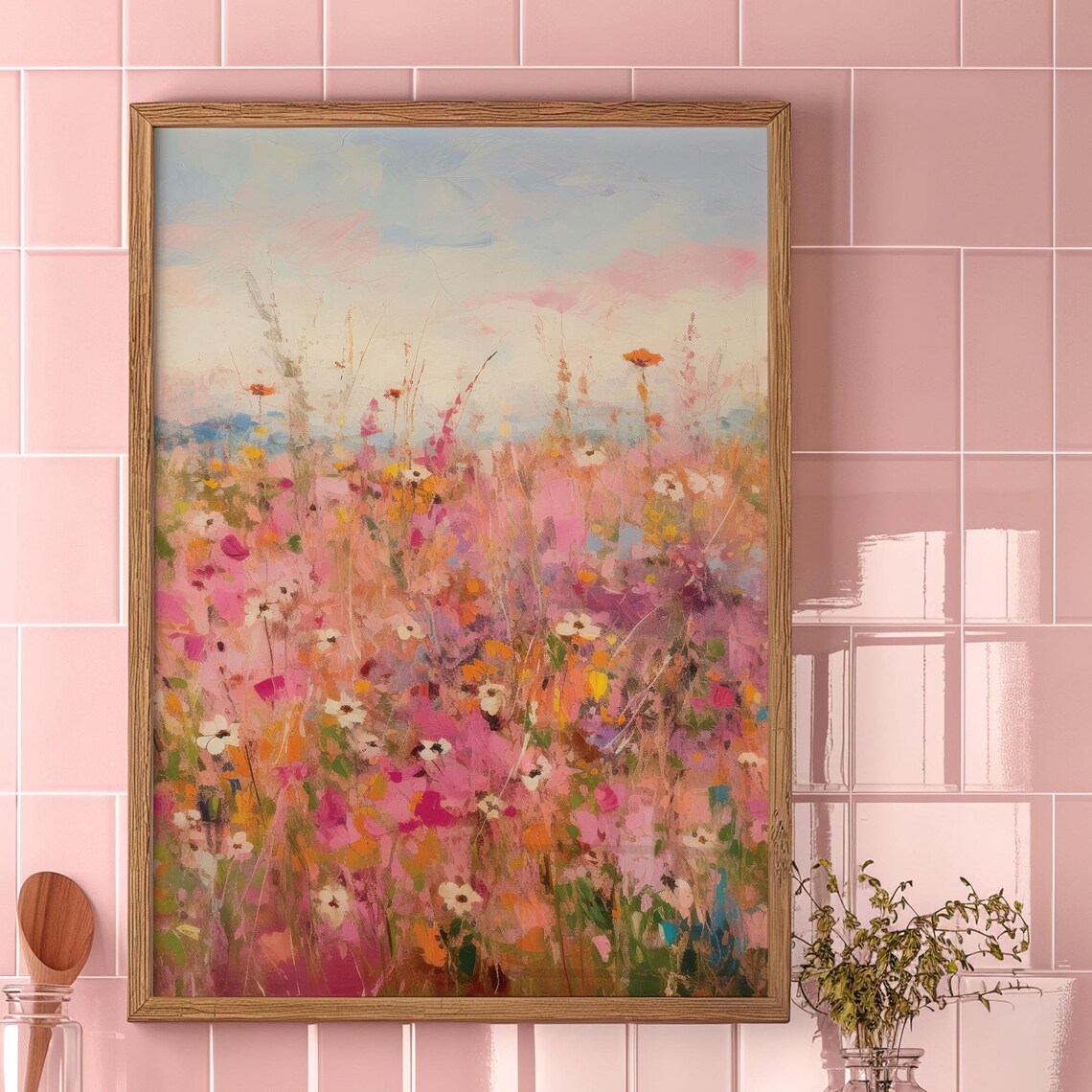 Pink Blue Wildflowers Print, Aesthetic Floral Art