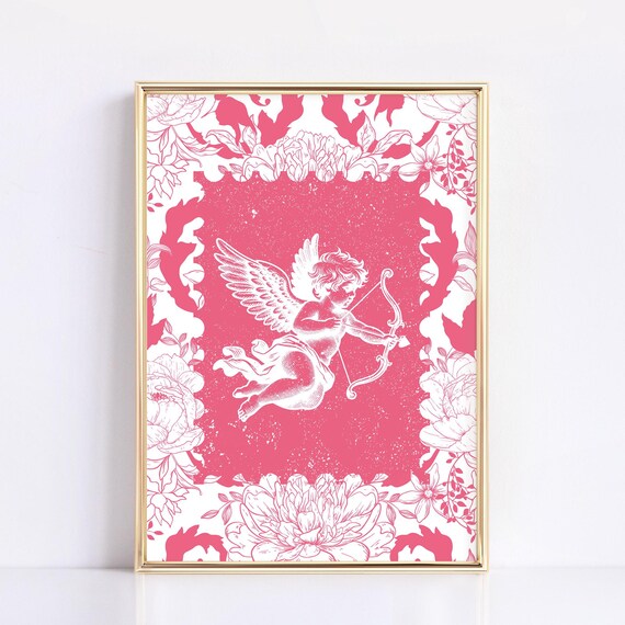 Cupid Valentines Day Wall Art Cute Bedroom Decor Retro Wall Art Unique Apartment Decor Pink Art Print Valentines Decorations