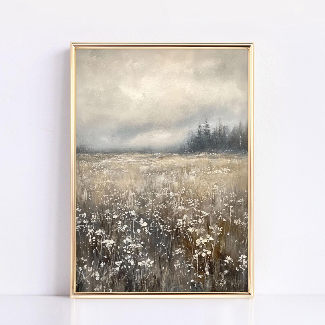 White Wildflower Field Painting in Soft Foggy Morning Mist Poster