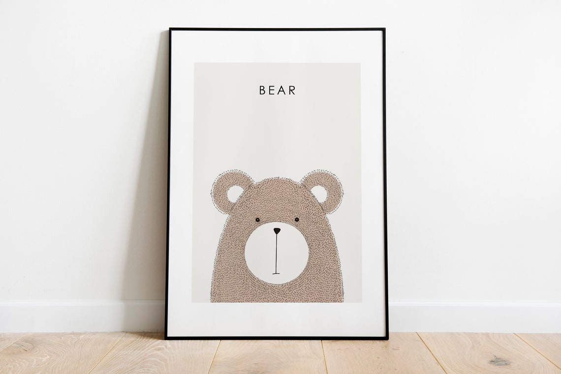 Friendly Bear Face Nursery Decor Stippled Brown Teddy Poster