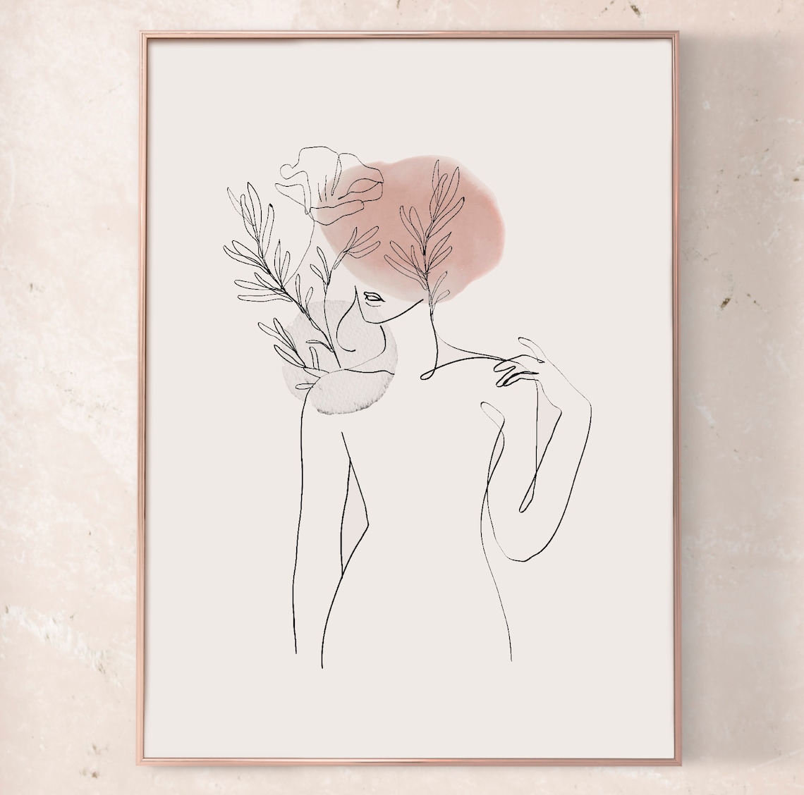 Elegant Female Figure Leaves Blush Watercolor Line Art Poster