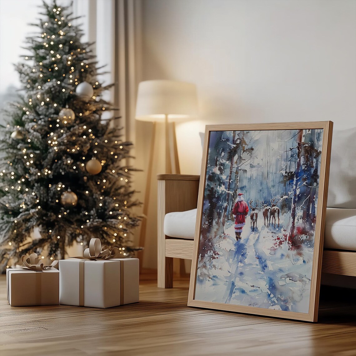 Santa Claus Reindeer Snowy Forest Watercolor Christmas Stroll Poster - Image 3