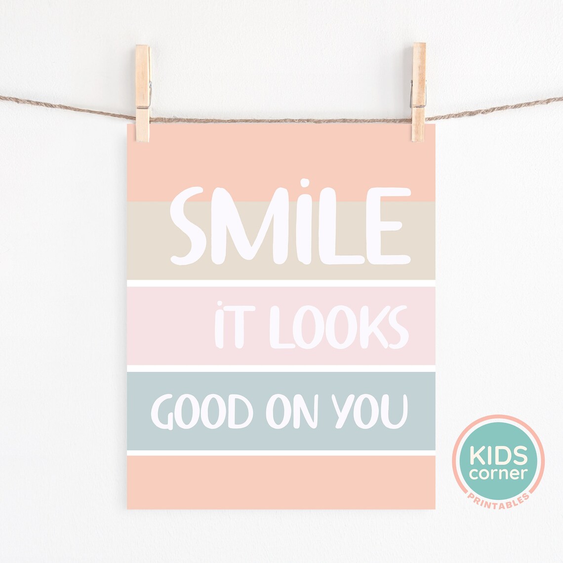 Smile It Looks Good On You Pastel Stripes Kids Room Quote Poster - Image 2