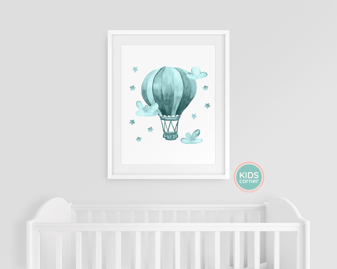 Teal Watercolor Hot Air Balloon Stars Clouds Nursery Wall Art - Image 3