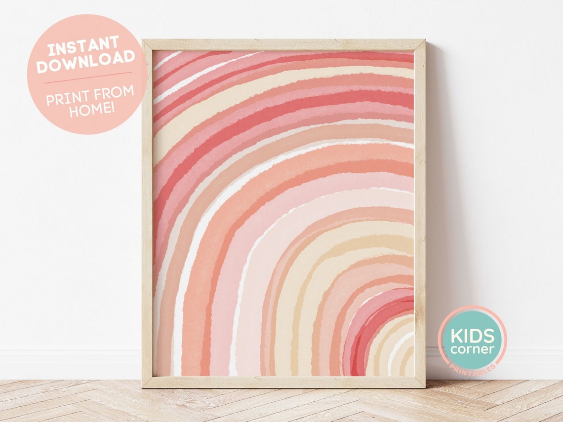 Blush Pink Watercolor Rainbow Swirl Modern Nursery Kids Room Poster