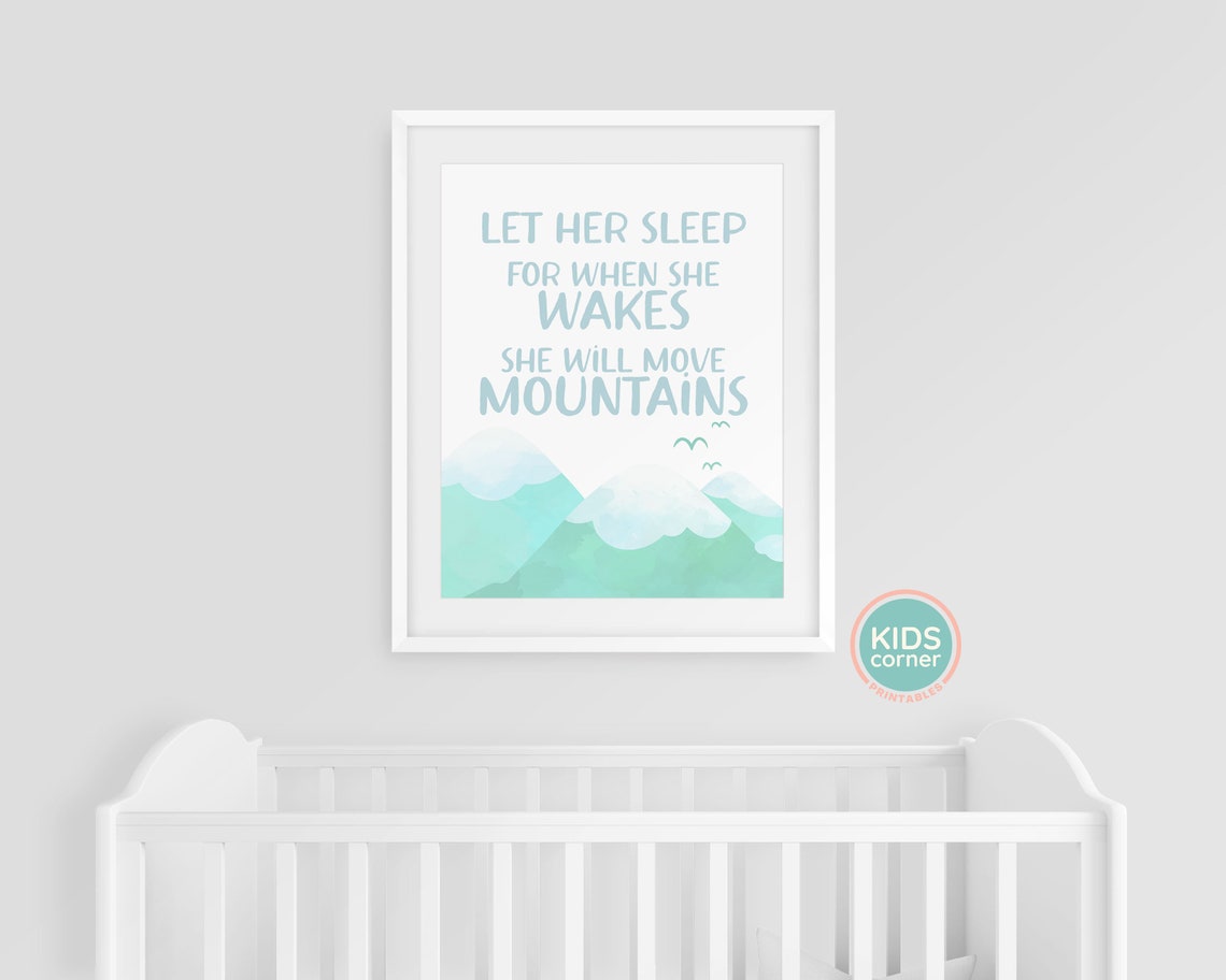 Let Her Sleep She Will Move Mountains Teal Nursery Quote Poster - Image 3
