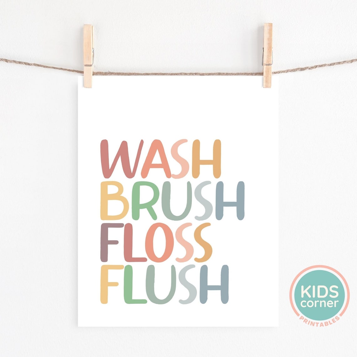 Wash Brush Floss Flush Earthy Tones Kids Bathroom Routine Poster - Image 2
