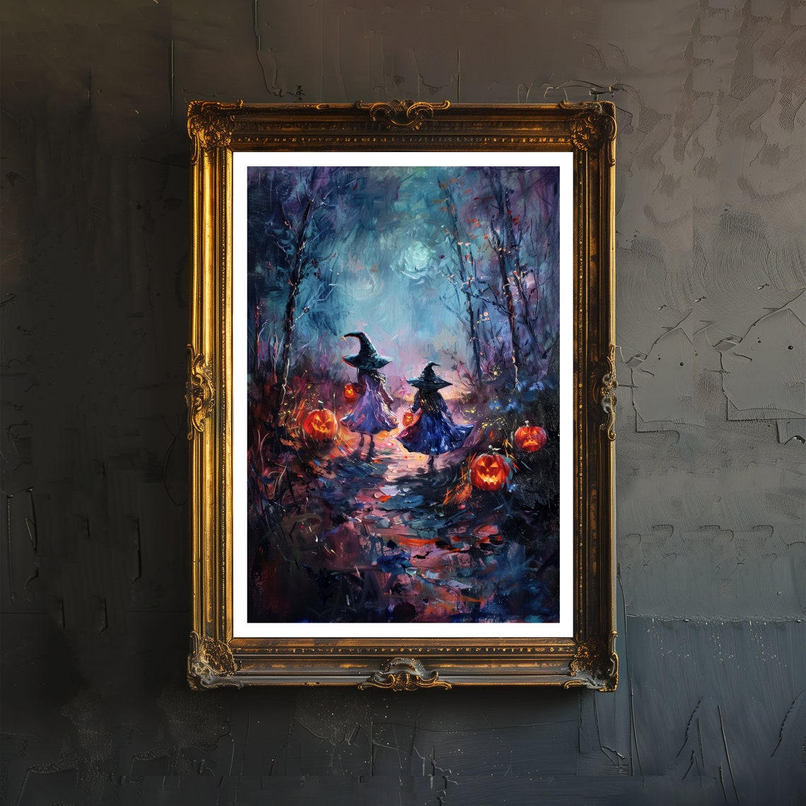 Two Witches on Moonlit Forest Path Lanterns Halloween Poster